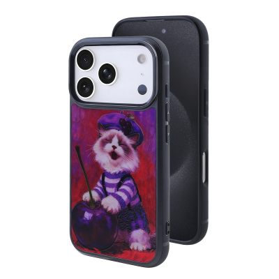 Cute Cherry Cat Phone Case for iPhone 17 Pro Max - Vintage Oil Painting Art Print Design, Purple
