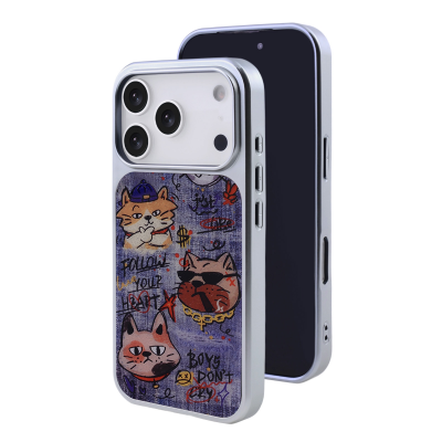  Denim Style Graffiti Cat Magnetic Case for iPhone 17 Pro Max - Electroplated Frame Protective Phone Cover