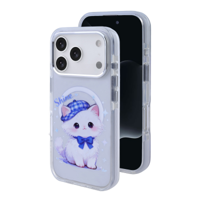 Clear Magnetic Phone Case for iPhone 17 Pro - Cute White Cat with Blue Plaid Hat Design