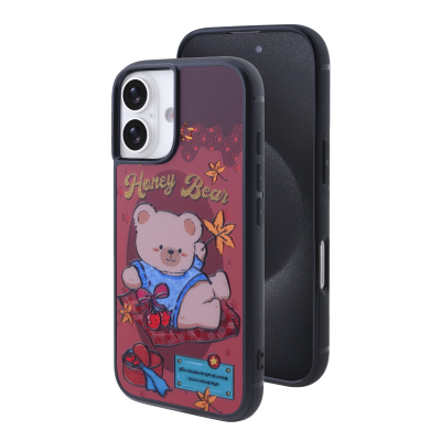 Maroon Magnetic Honey Bear Case for iPhone 17 - Cute Bear in Blue Sparkly Outfit & Fall Leaves Print