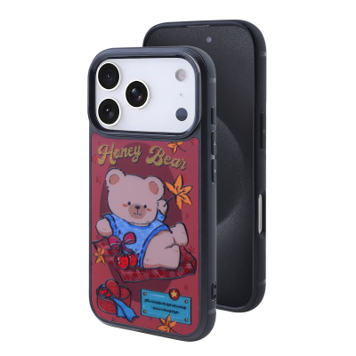 Maroon Magnetic Honey Bear Case for iPhone 17 Pro Max - Cute Bear in Blue Sparkly Outfit & Fall Leaves Print
