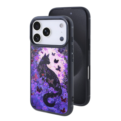 Mysterious Cat and Purple Flowers Print Magnetic Case for iPhone 17 Pro Max