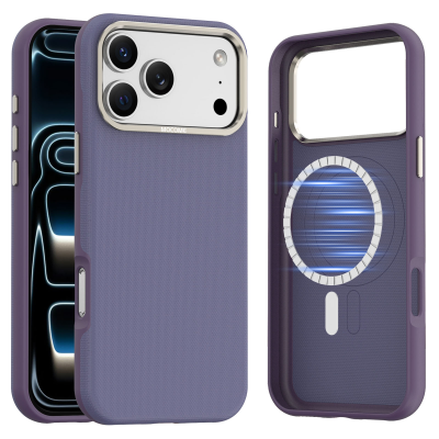 Matte Grid Texture Case for iPhone 17 Pro Max - Metal Camera Frame & Magnetic Charging Support, Purple