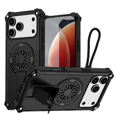 Rugged Magnetic Case with Foldable Kickstand & Wrist Strap for iPhone 17 Pro Max, Black