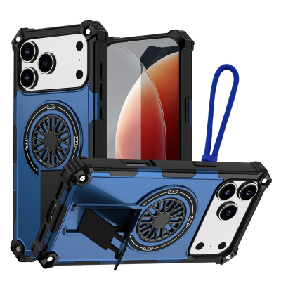Rugged Magnetic Case with Foldable Kickstand & Wrist Strap for iPhone 17 Pro Max, Blue