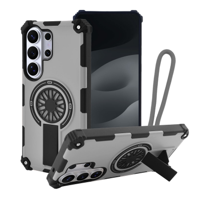  Rugged Magnetic Case with Foldable Kickstand & Wrist Strap for S26 Ultra, Gray