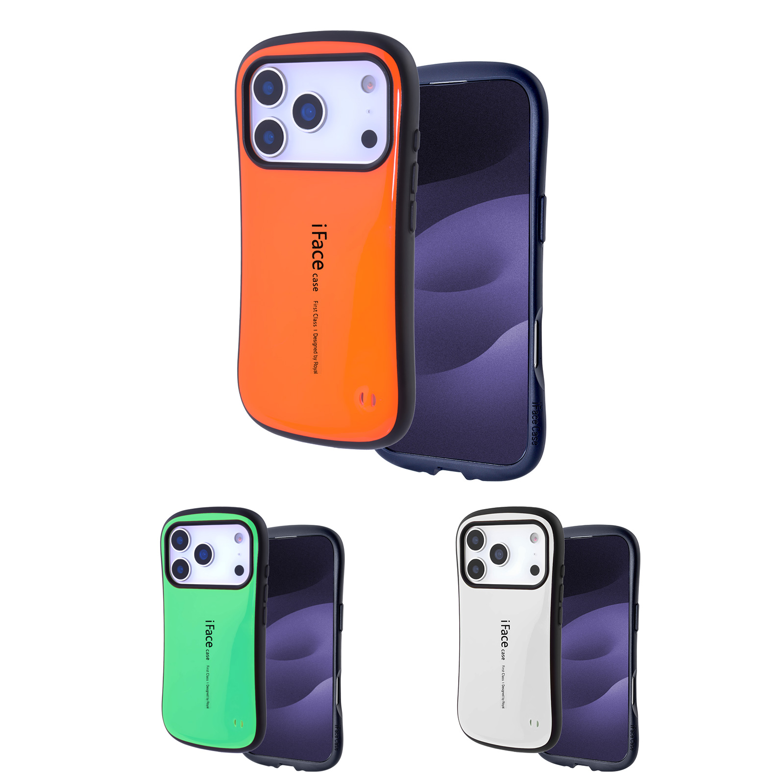 iFace iPhone 17 Pr Protective Case with glossy finish and curved edge in orange, green, and white.
