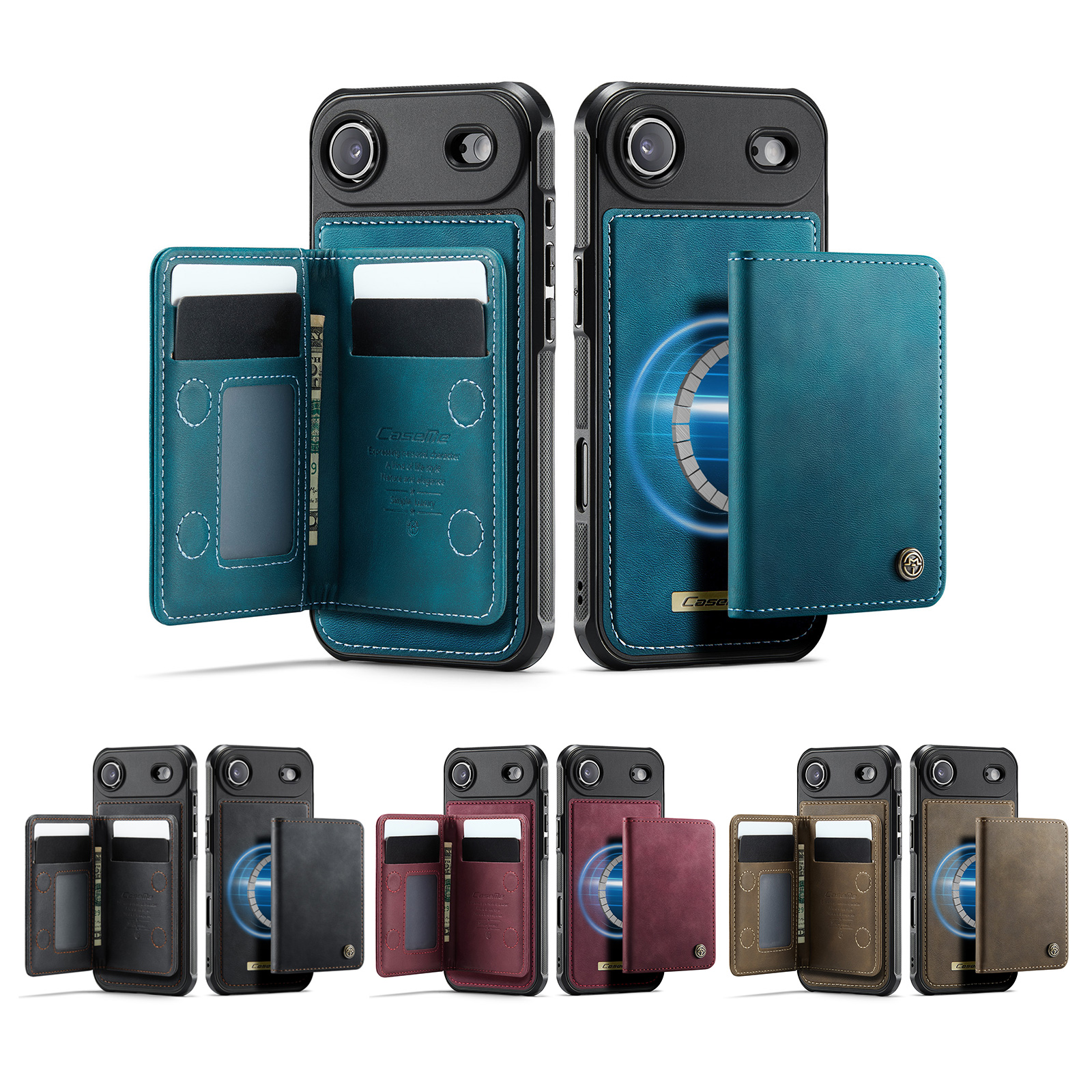 Black MagSafe Wallet iPhone Case - RFID-Blocking Leather Flip Cover with Multi-Card in Black, Blue, Red and Brown