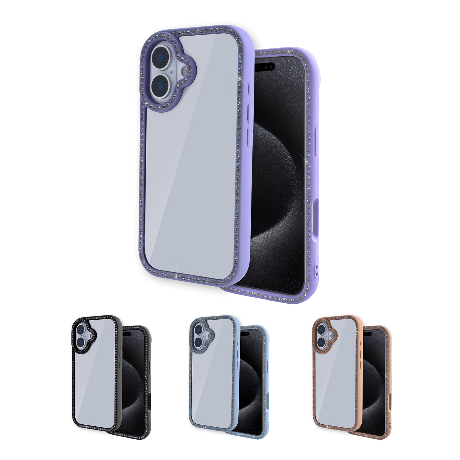 Rhinestone Mirror iPhone 17 Case - Bling Shockproof Phone Cover with Crystal Detailing in purple, brown, light blue and black.