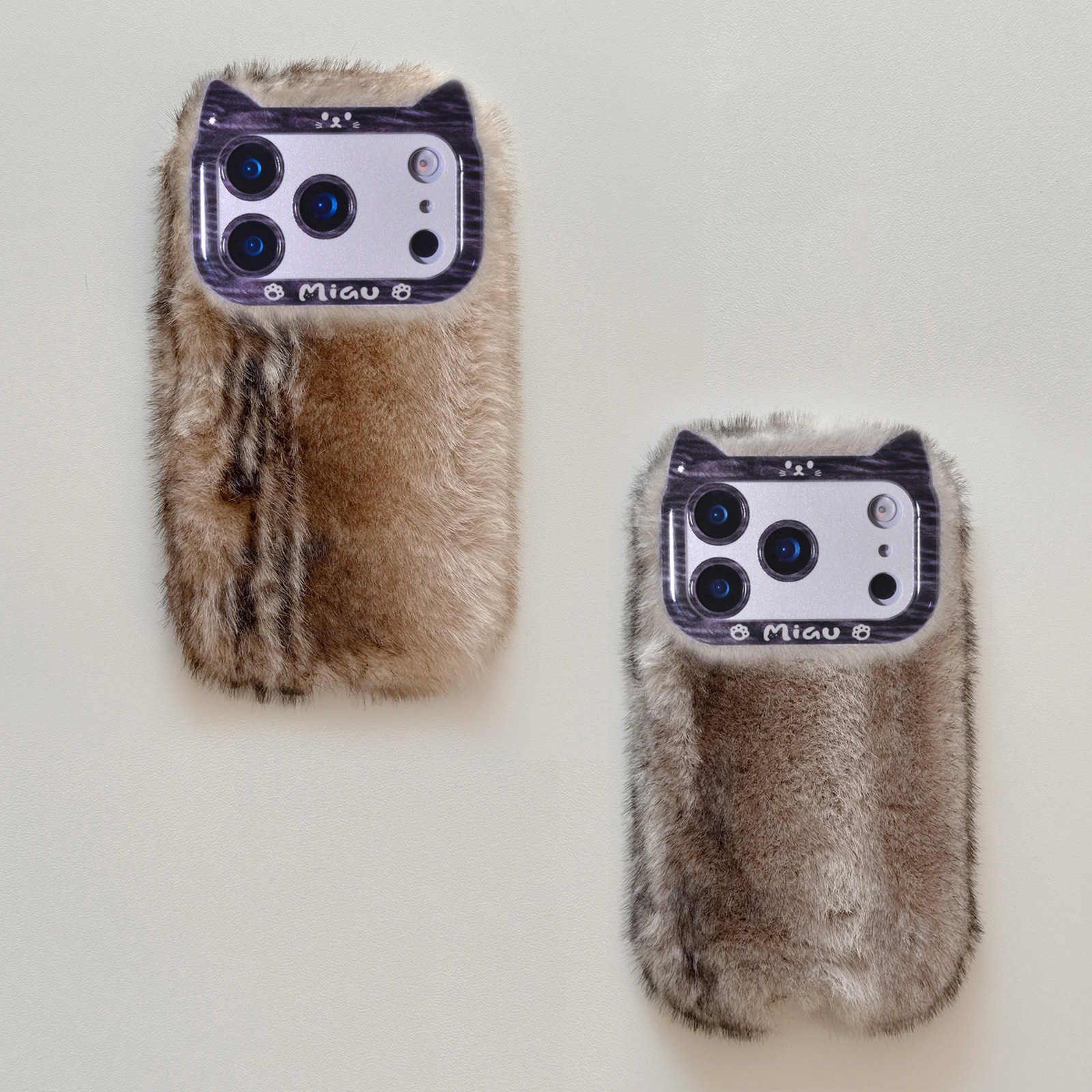 Faux Fur Fluffy iPhone Case - Cute Cat Ear Design Phone Cover for iPhone 17 Pro (Brown and Black)