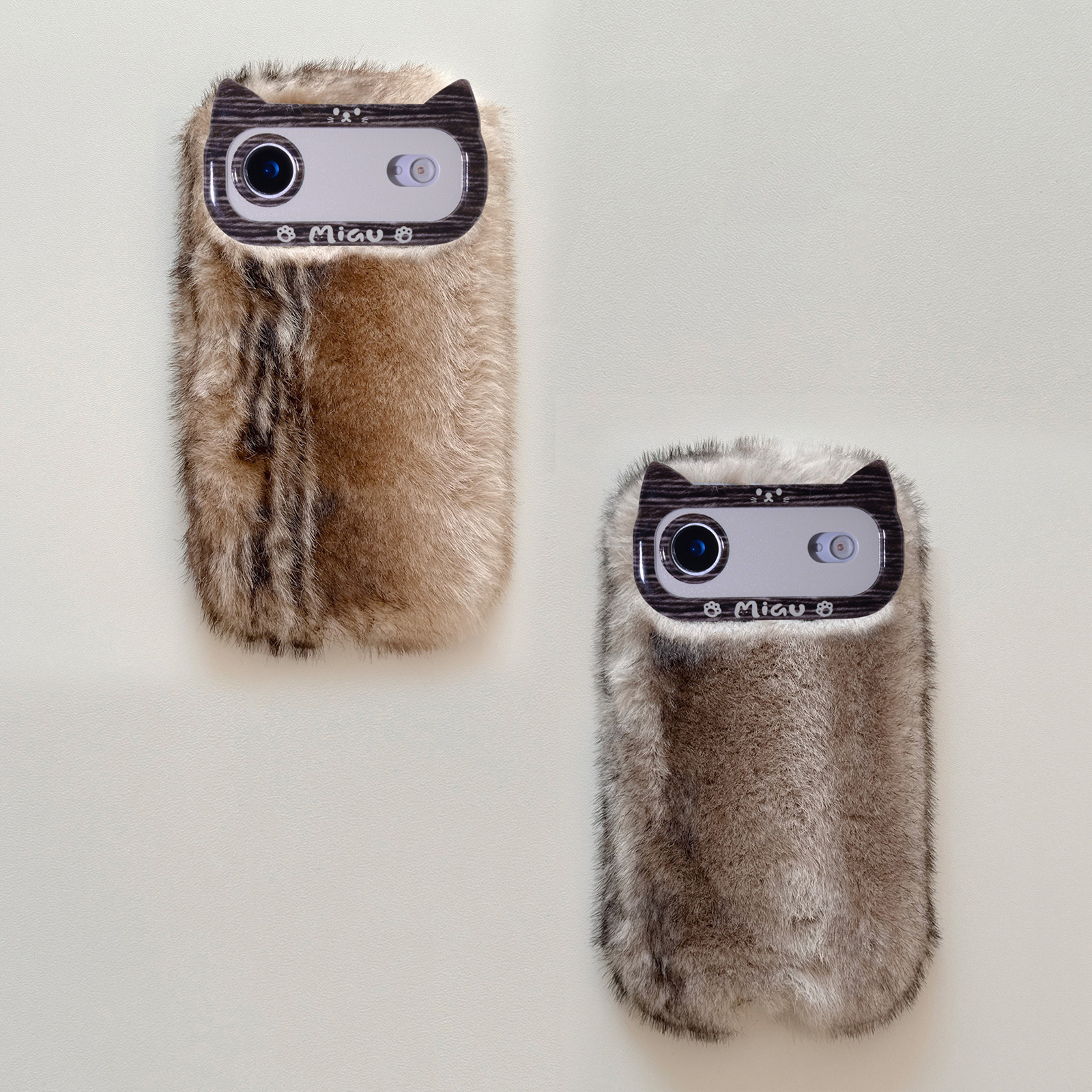 Faux Fur Fluffy iPhone Case - Cute Cat Ear Design Phone Cover for iPhone Air (Brown and Black)